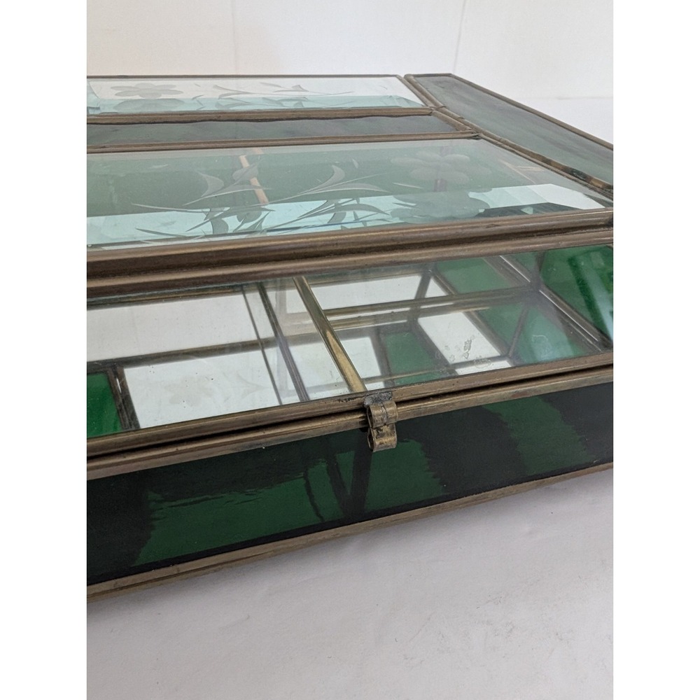 Jewelry Box Etched Floral Stained Glass Green Clear Vintage Glass Trinket FLAW - Picture 9 of 16